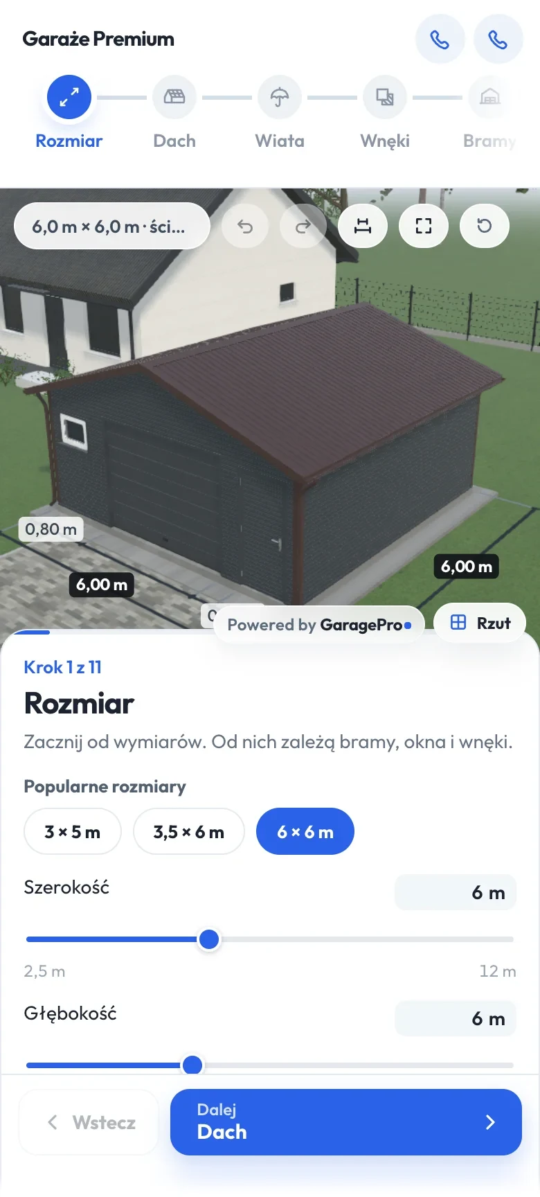 Ten sam konfigurator na telefonie: model 3D u góry, suwaki wymiarów pod spodem.